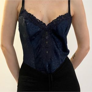 Authentic Christian Dior Navy Blue Camisole Body Suit Lace